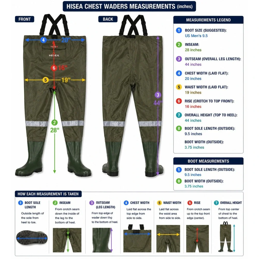 HISEA Chest Waders Mens 9.5 Green Used 28 Inseam Boot Foot